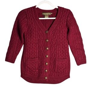 InisCrafts Sz S Merino Wool Cable Knit Cardigan Sweater Leather Button Fisherman